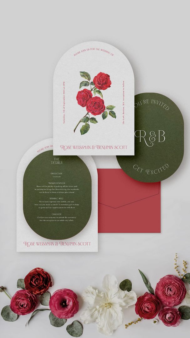 Paperlust invitation, Beautifully styled wedding suite display featuring arch-shaped invitation