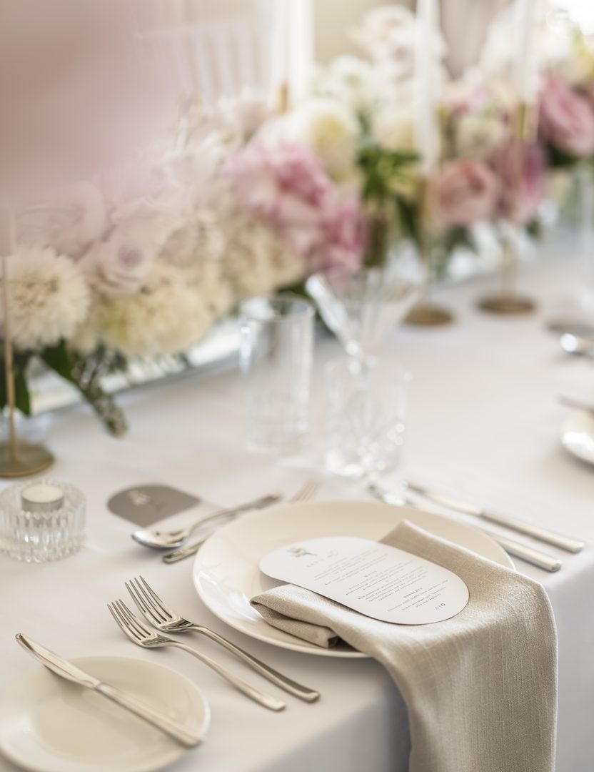 Paperlust seating chart, Langham Melbourne close-up arch menu card on linen napkin