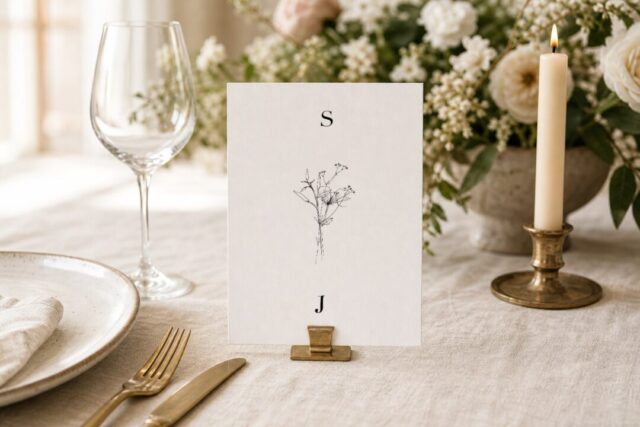 Paperlust table number, Delilah wedding table number on a brass table stand