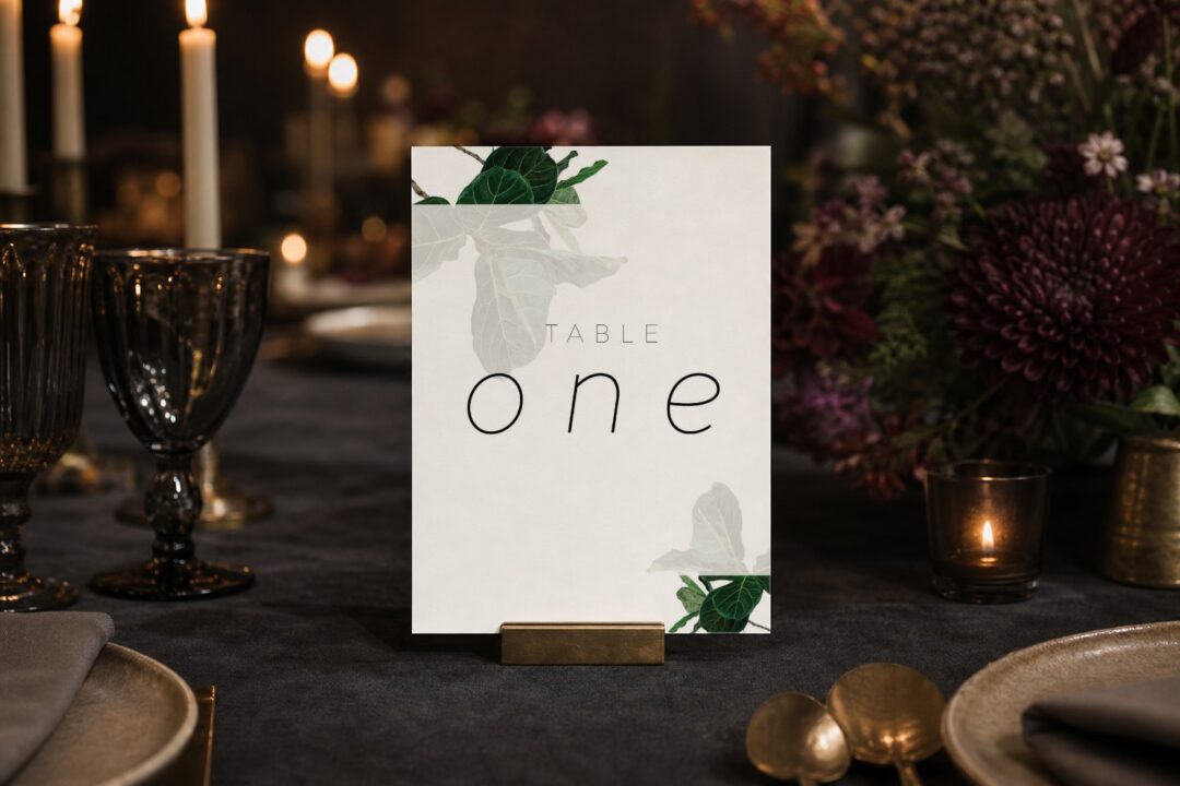 Paperlust table number, Fiddle Leaf Fig wedding table number on a candlelit reception table