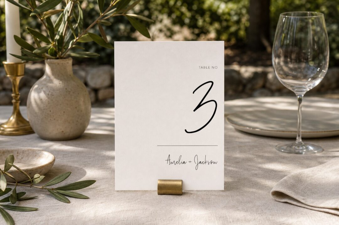 Paperlust table number, Linear wedding table number in soft garden daylight