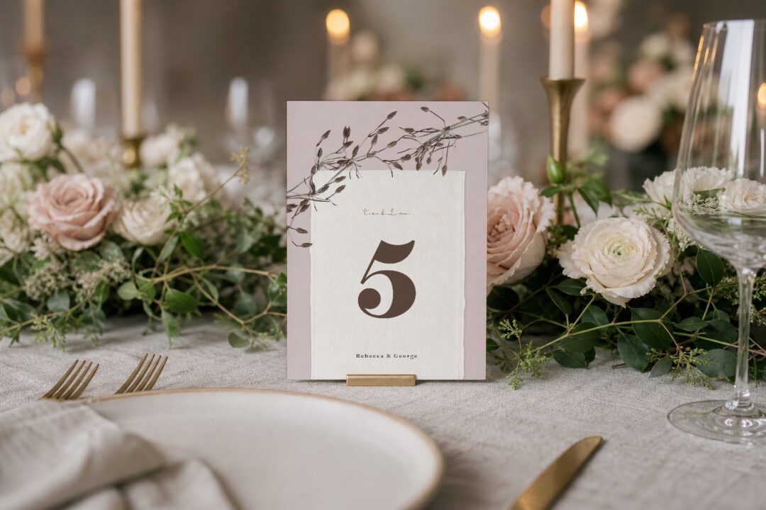 Paperlust table number, Memoir wedding table number on a floral table runner