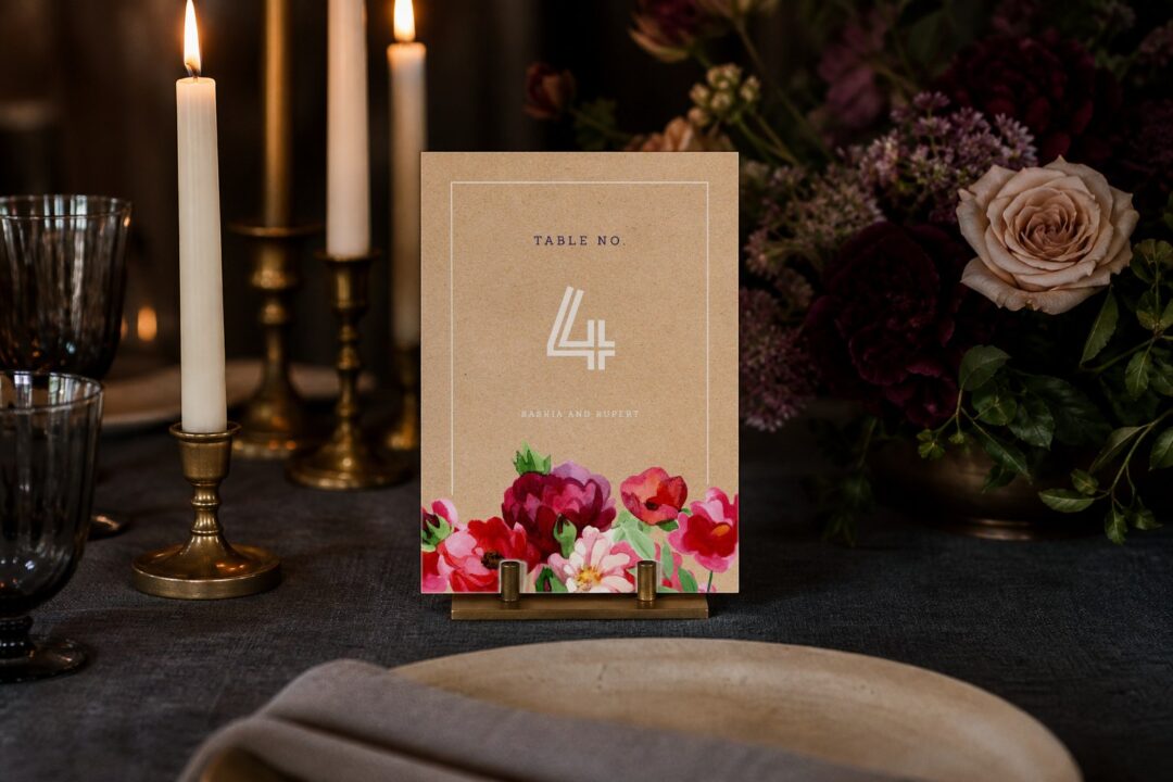 Paperlust table number, Rustic Red Flowers wedding table number on a candlelit reception table
