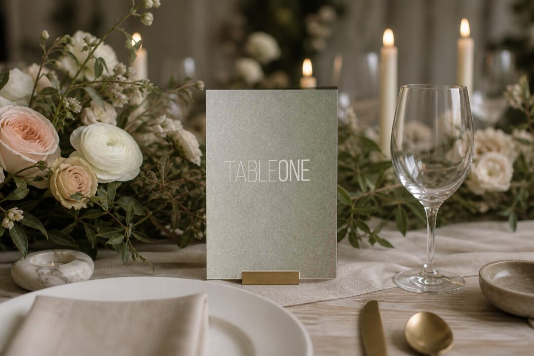 Paperlust table number, Simple is Best wedding table number on a floral table runner