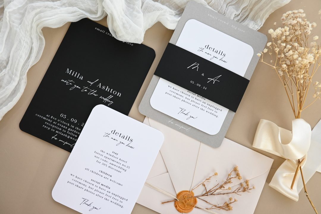 Paperlust wax seal, Beautifully styled wedding stationery suite flatlay featuring black