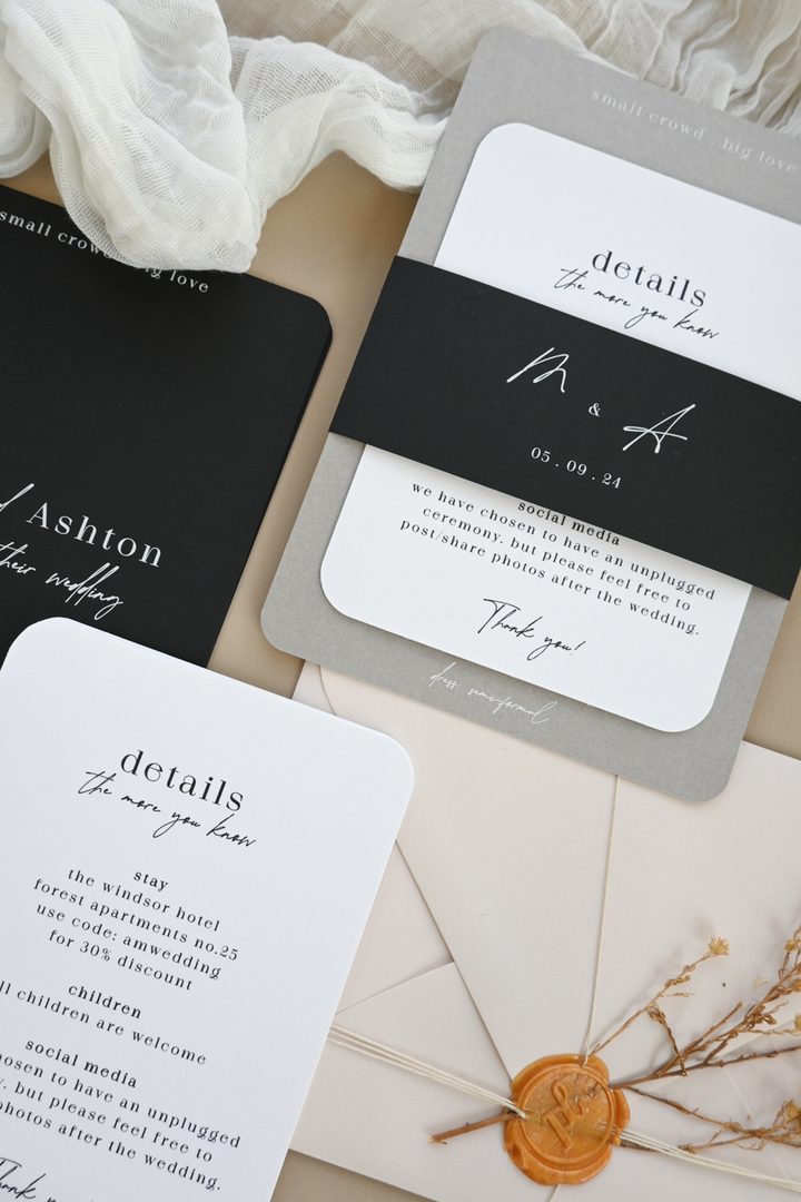 Paperlust wax seal, Beautifully styled wedding stationery suite flatlay featuring black