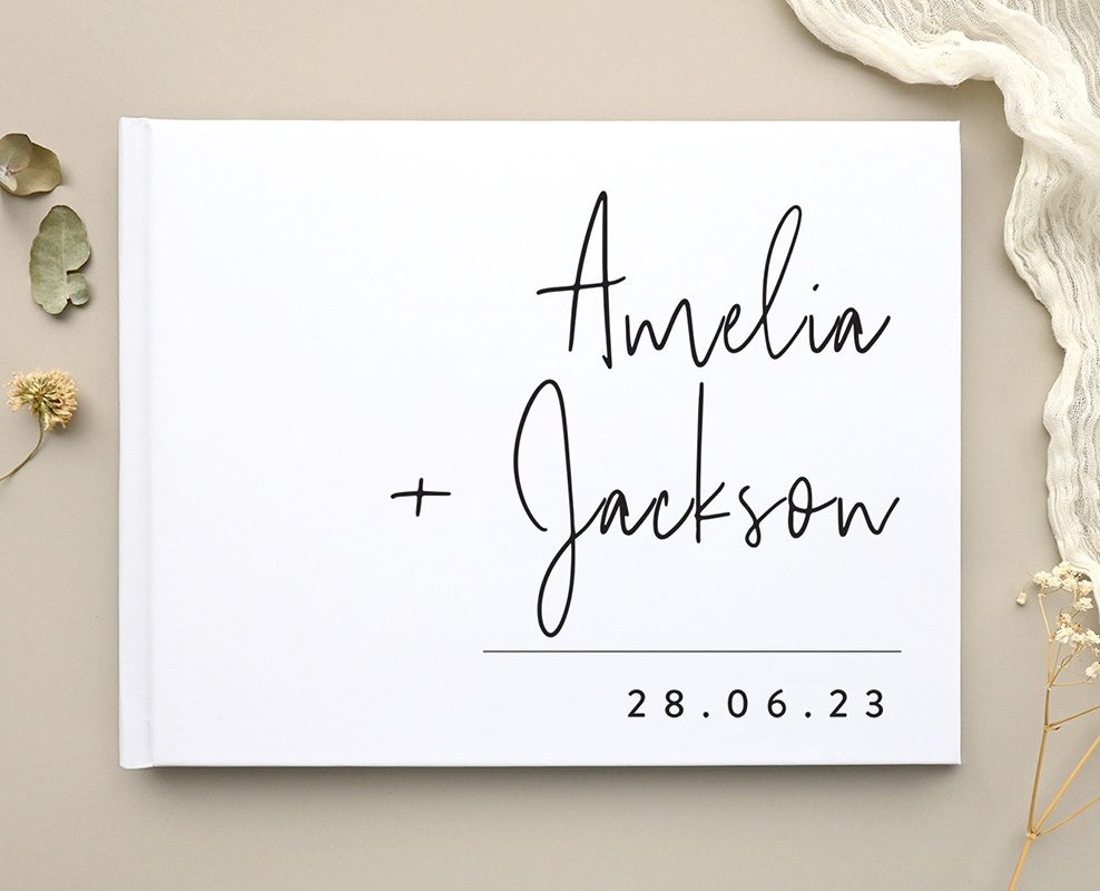 Paperlust wedding guest book with a modern calligraphy cover