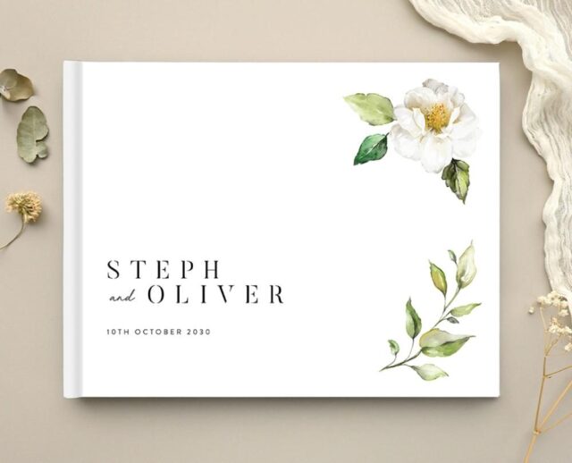 Paperlust wedding guest book with a white floral watercolor cover