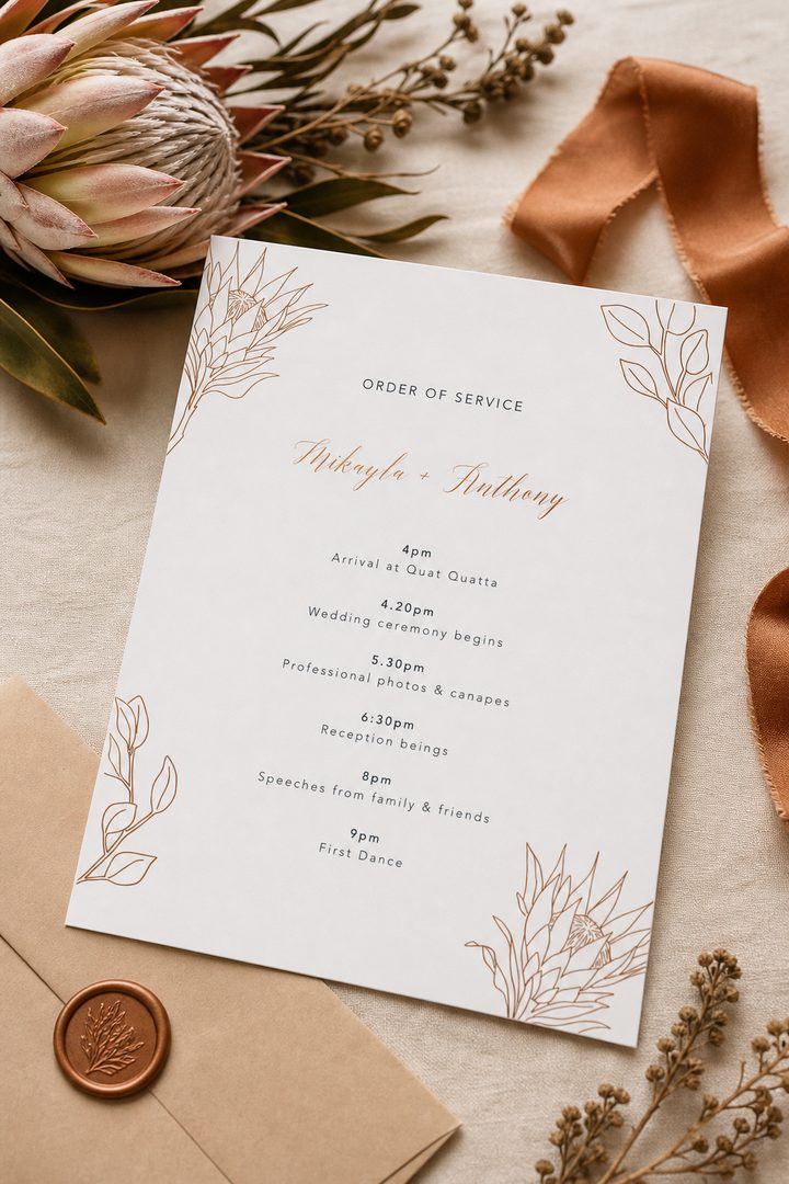 King Protea wedding program by Paperlust
