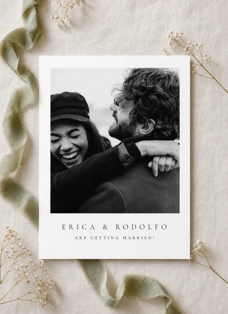 Paperlust Polaroid photo save the date with black and white engagement photo and serif couple names