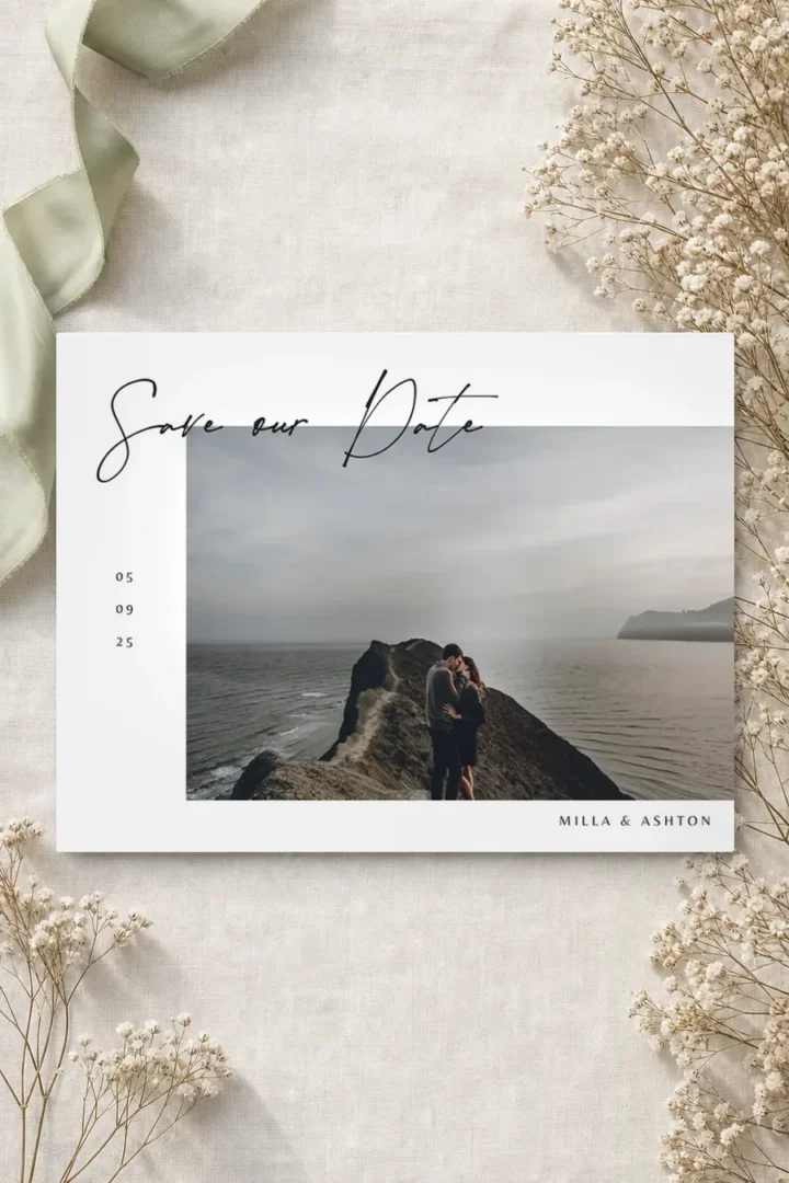 Paperlust Night Bloom photo save the date, landscape card with Save Our Date script over an engagement photo by the sea