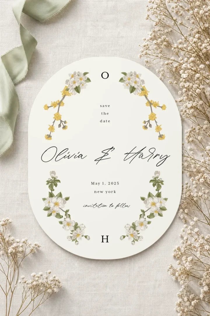 Paperlust Jasmine save the date, oval die-cut card with hand-drawn jasmine blossoms and script couple names