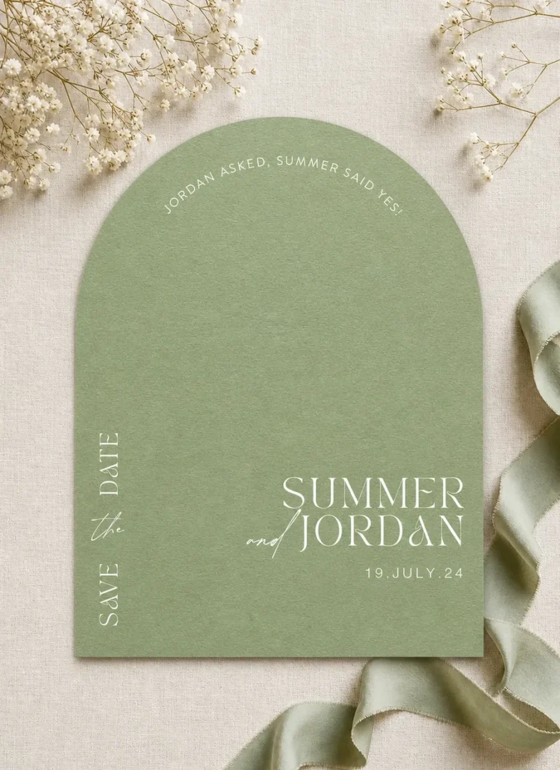 Paperlust Sage save the date, sage green arch die-cut printed in white ink reading Jordan asked, Summer said yes