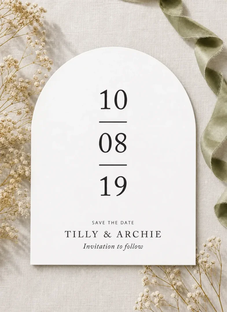 Paperlust Black and White save the date, arch card with oversized stacked date numerals above the couple names and invitation to follow line