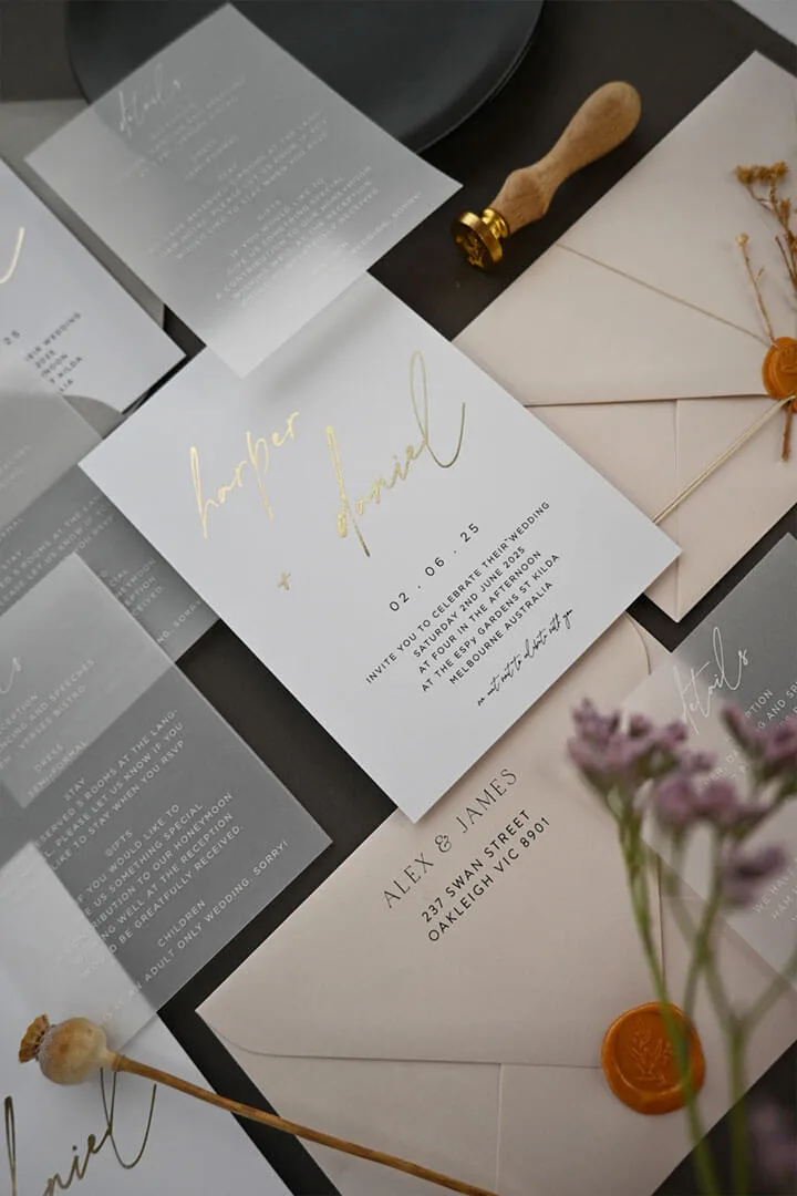 Gold flat foil script wedding invitation, Paperlust Luminous design