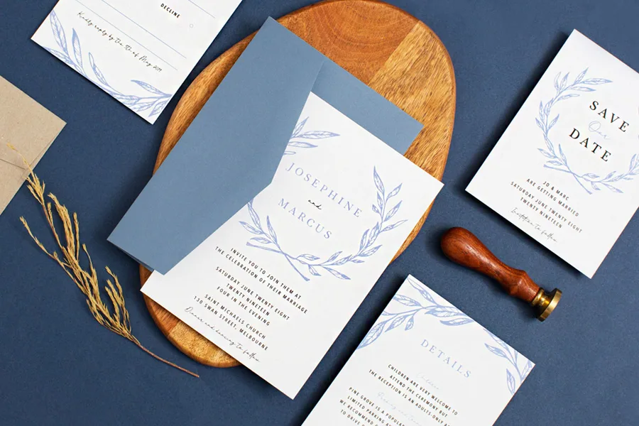 Dusty blue wreath wedding invitation suite, Paperlust Olea design