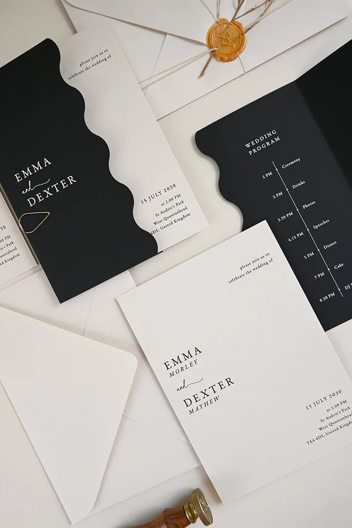 Black and ivory wave-edge wedding invitation suite with gold wax seal, Paperlust One Day design