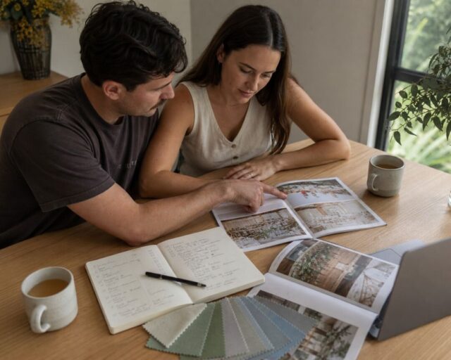 Couple at a table planning their wedding, with planning notebooks, venue brochures and fabric swatches spread in front of them in warm natural light