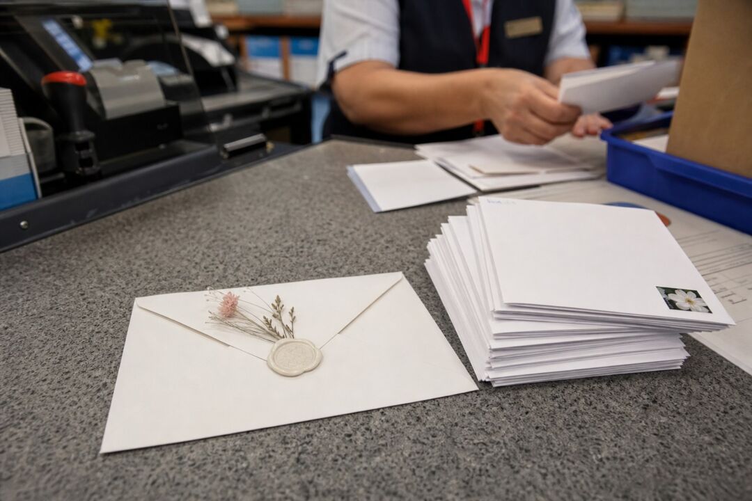 A wedding invitation envelope laid on a post office counter beside a stack of RSVP return envelopes ready to be sorted.