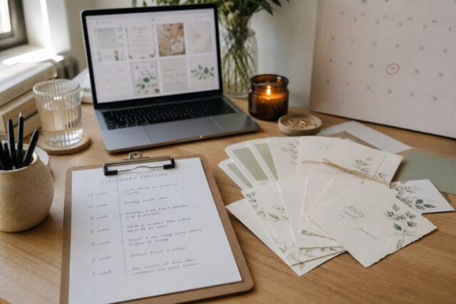 A wooden desk displays wedding stationery samples with botanical designs, a timeline checklist, laptop, candle.