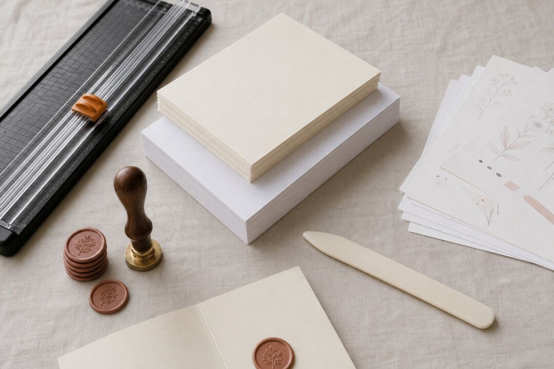 A collection of stationery supplies including paper, wax seals, a stamp, and a bone folder arranged on a neutral linen surface.
