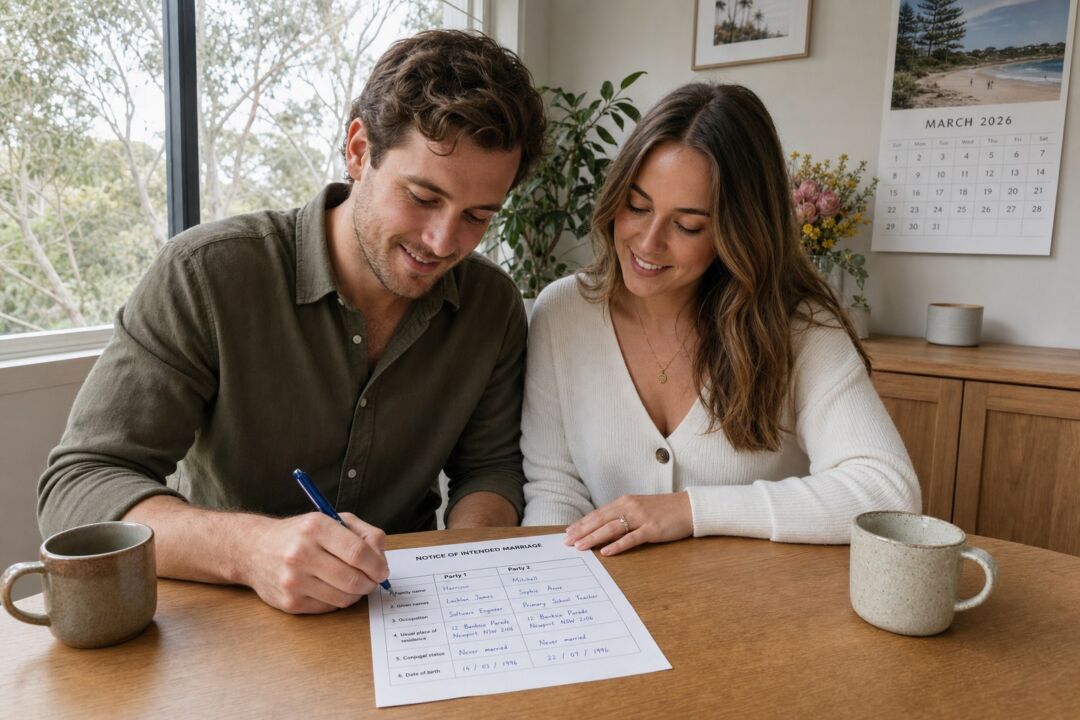A couple in their late twenties sitting side by side at a pale timber dining table in an Australian home.