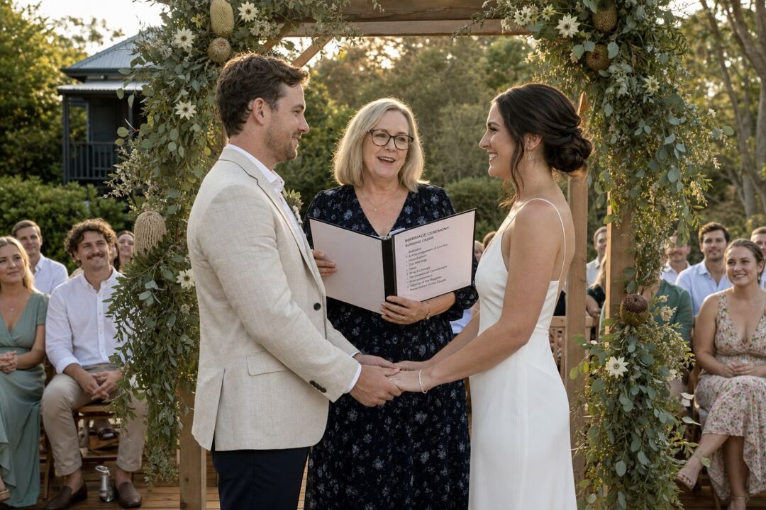 A civil marriage celebrant in her fifties standing at a decorated timber ceremony arbour at an Australian garden venue.