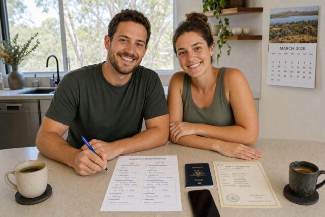 A couple in their late twenties sitting together at a kitchen bench in an Australian home.