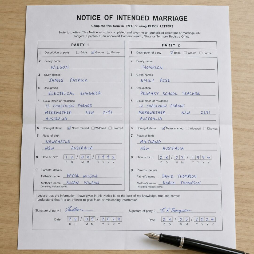 An Australian Notice of Intended Marriage form lying on a pale timber desk.
