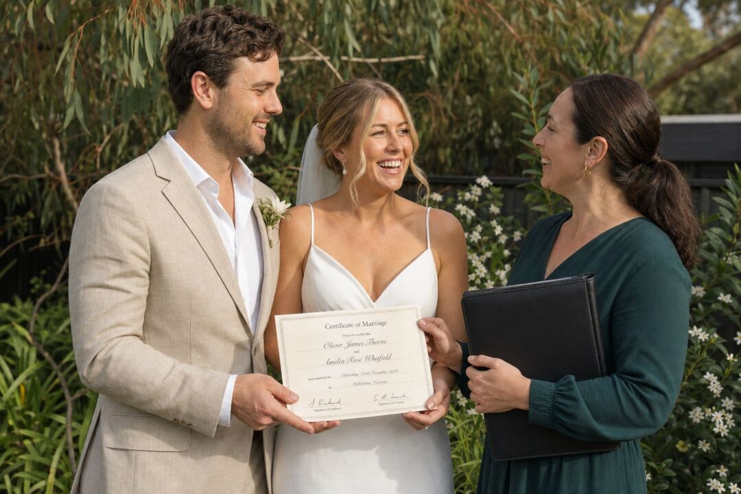 A celebrant handing a couple in their early thirties their signed marriage documents at the end of a ceremony in a sunlit Australian garden.