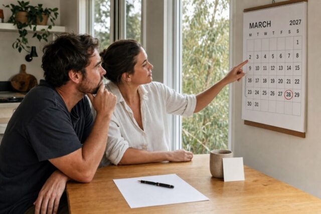 A couple sits at a wooden table reviewing a March 2027 calendar hung on a white wall near bright windows.