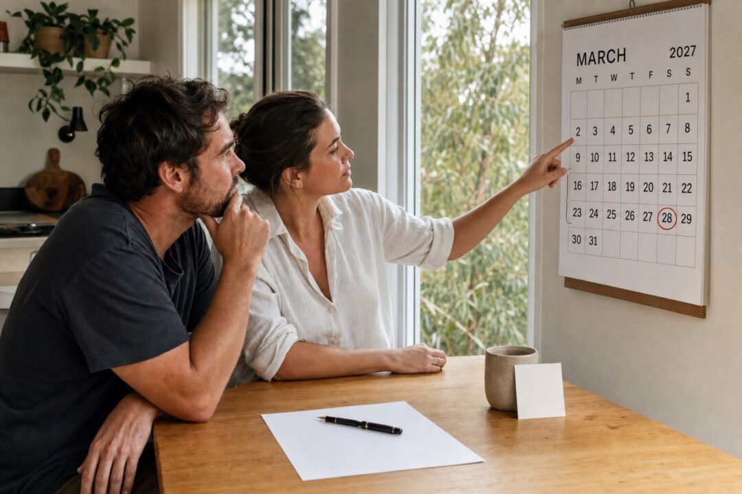 A couple sits at a wooden table reviewing a March 2027 calendar hung on a white wall near bright windows.