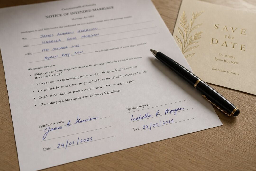 A close-up of a signed and dated Australian Notice of Intended Marriage form on a pale timber desk.