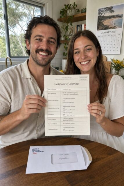 An Australian couple at their kitchen table holding up their NSW certificate of marriage, still lightly creased from the envelope.