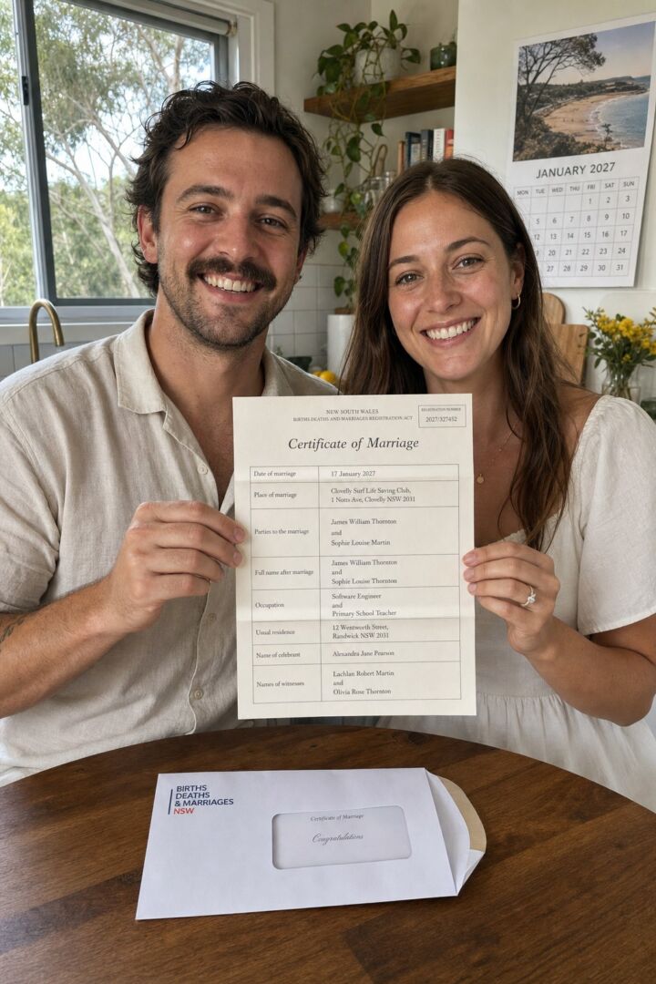 An Australian couple at their kitchen table holding up their NSW certificate of marriage, still lightly creased from the envelope.