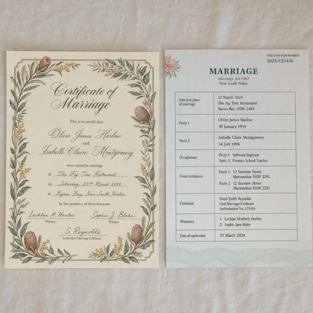 Two Australian marriage certificates lying side by side on a pale linen tablecloth.