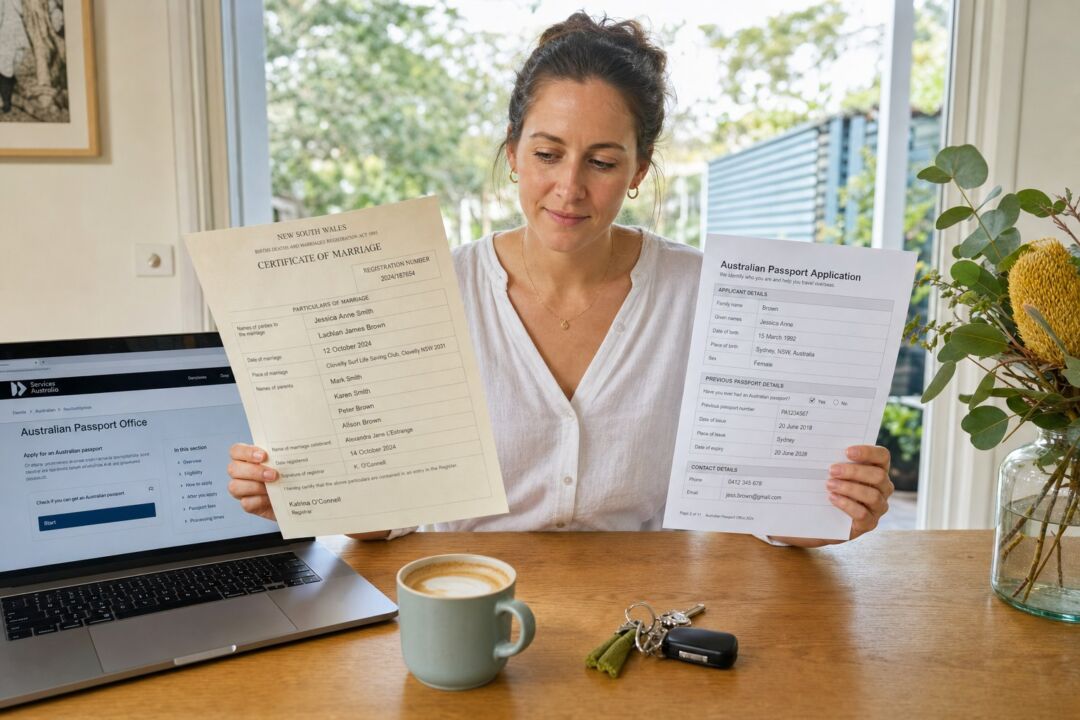 A woman in her early thirties at a clean timber desk in an Australian home.