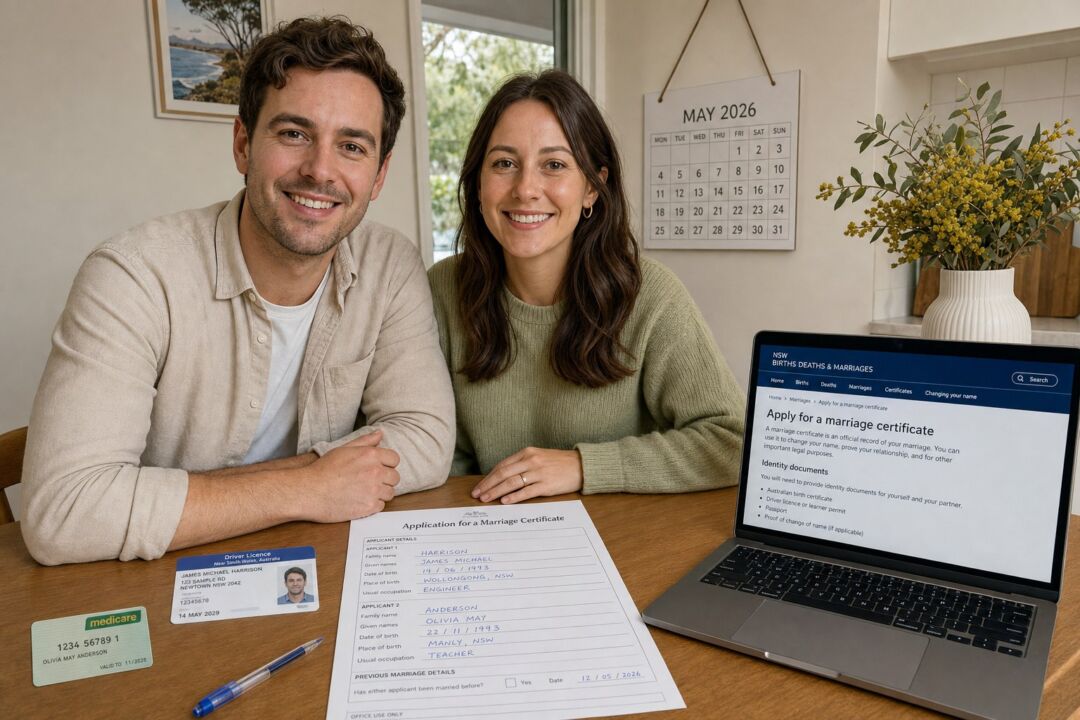 An Australian couple filling in a printed Births Deaths and Marriages certificate application at their kitchen table.