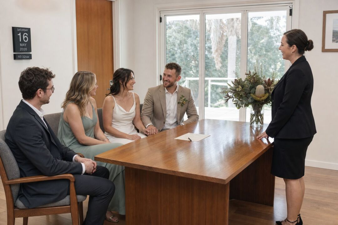 A couple signing their marriage certificate at a timber registry desk in a sunlit Australian government room.