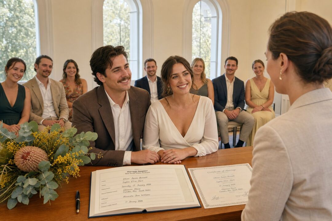 A couple seated at the registry table smiling at their celebrant, the marriage register and certificate laid out in front of them.