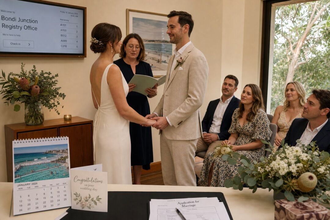 A couple exchanging personal vows in a compact Australian registry ceremony room, both in formal wedding attire.