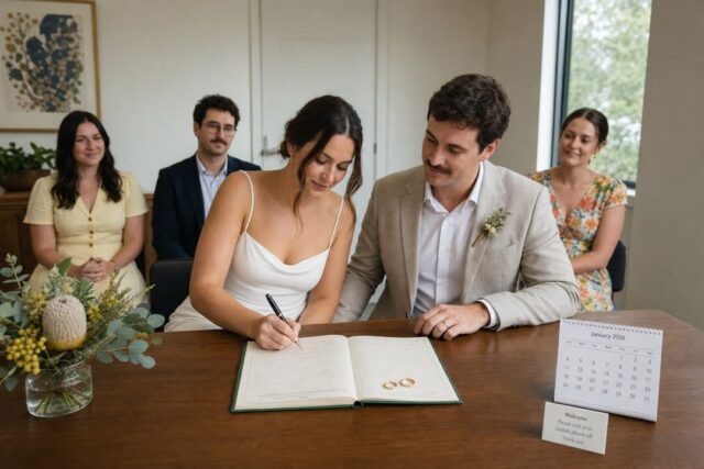 A simple registry office ceremony room with a government marriage register open on a polished timber table, two gold rings resting on the page.