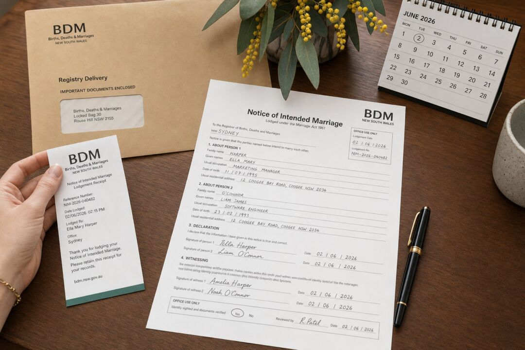 A lodged Notice of Intended Marriage form on a government desk beside a fountain pen, with an official BDM registry envelope in the background.