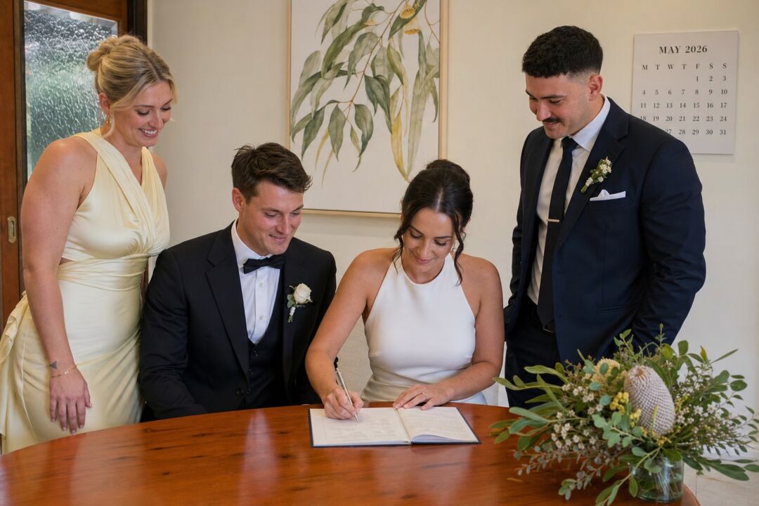 A small intimate wedding party of four people at a registry office signing table.