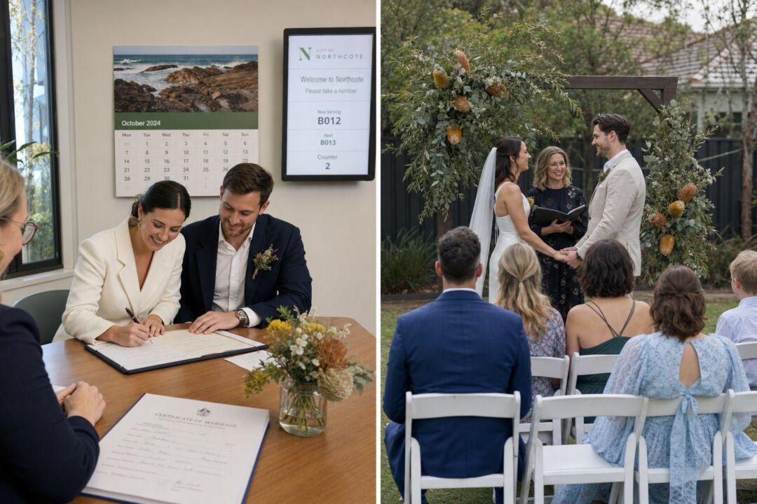 Two contrasting wedding settings side by side: a clean minimalist registry office signing table on the left.