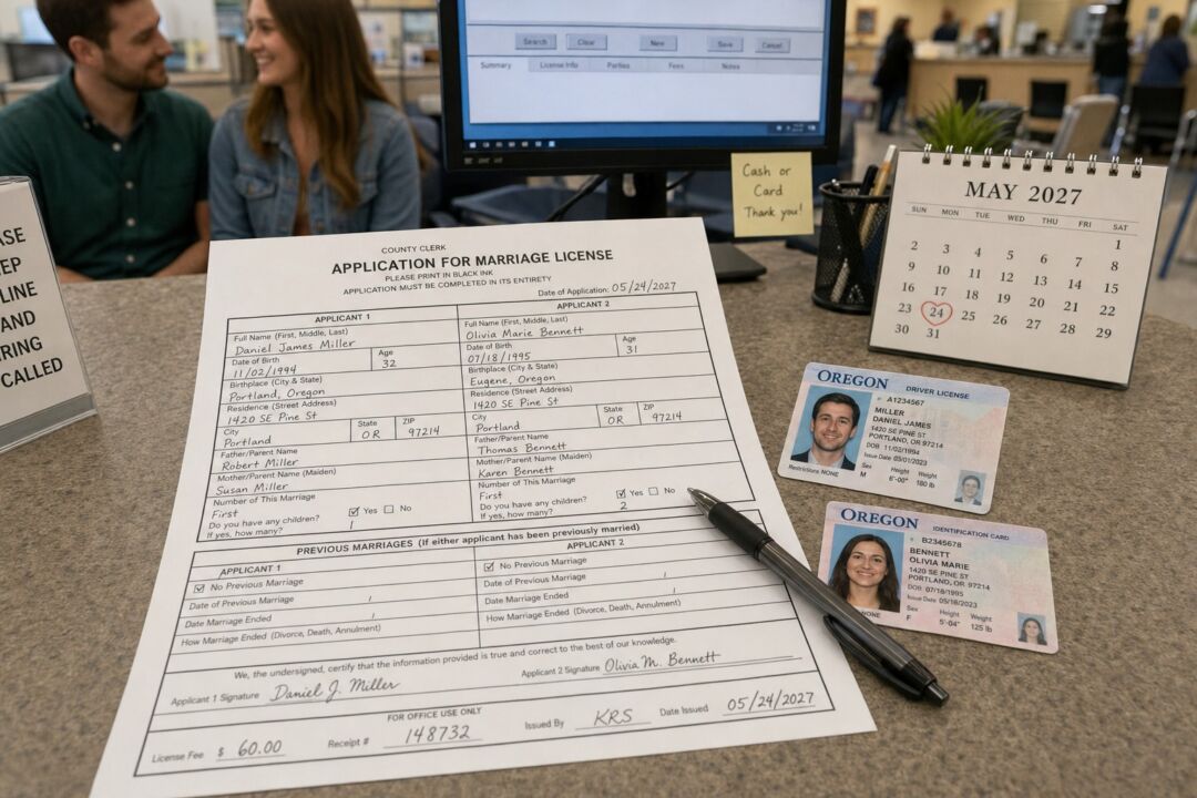 A completed marriage license application sits on a county clerk's desk alongside two Oregon driver's licenses and a May 2027 calendar.