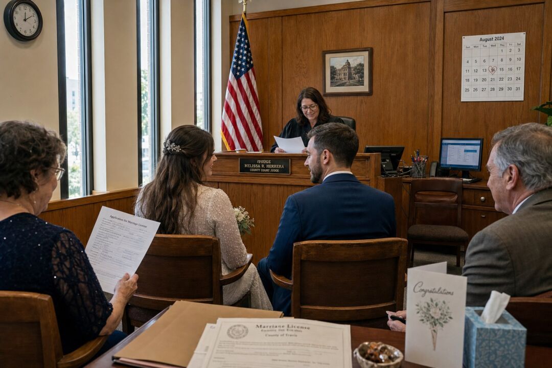 A simple wood-paneled courthouse ceremony room with two chairs facing a judge's bench.