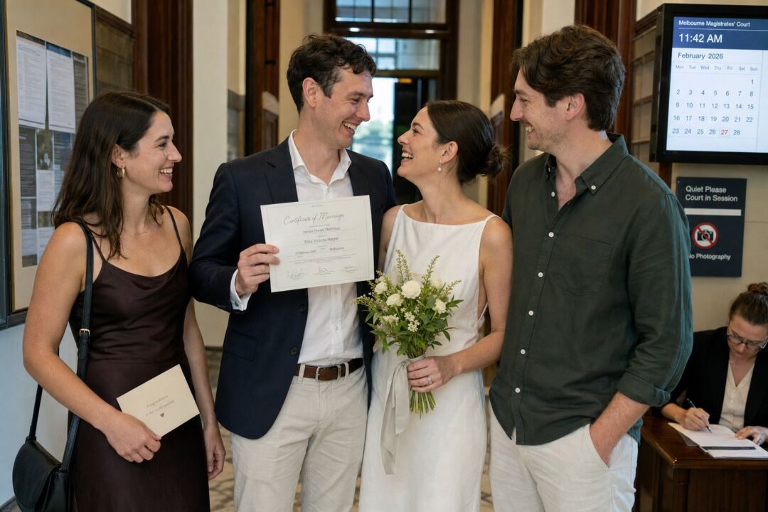A small group of four people smiling in a courthouse corridor after a ceremony, the couple facing each other with two witnesses beside them.