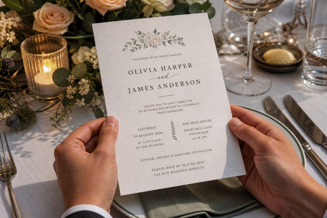 A pair of hands holding a printed wedding reception invitation with elegant letterpress typography on thick white card stock.