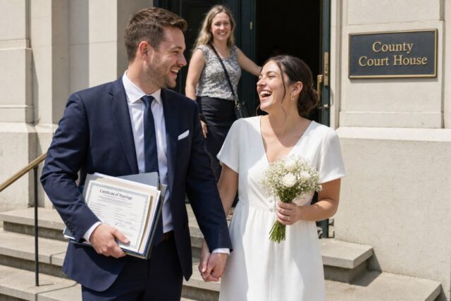 A couple in their late twenties on the steps outside a county courthouse just after their ceremony.